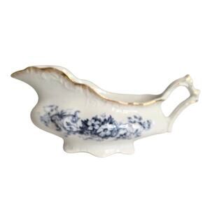 Vintage Blue & White Floral Porcelain Gravy Boat w/24K Gold Trim